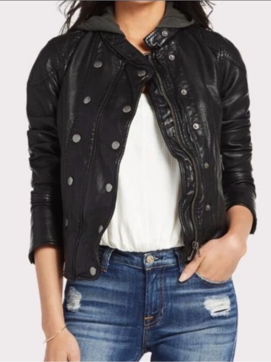 Free People Jackets & Blazers - We The Free People Black Faux Leather Moto Jacket with Hooded Liner